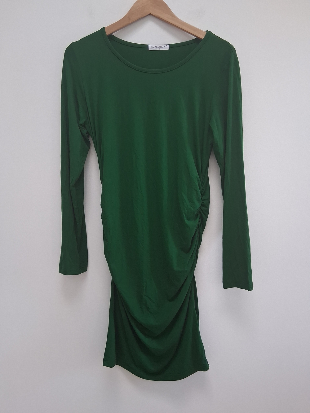 Women's Green Maternity Dress Long Sleeves Side Ruched Stretch Pregnancy Medium